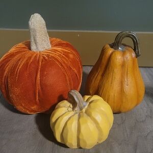Set of Three Decorative Pumpkins. One Velvety, 2 Harder Material.